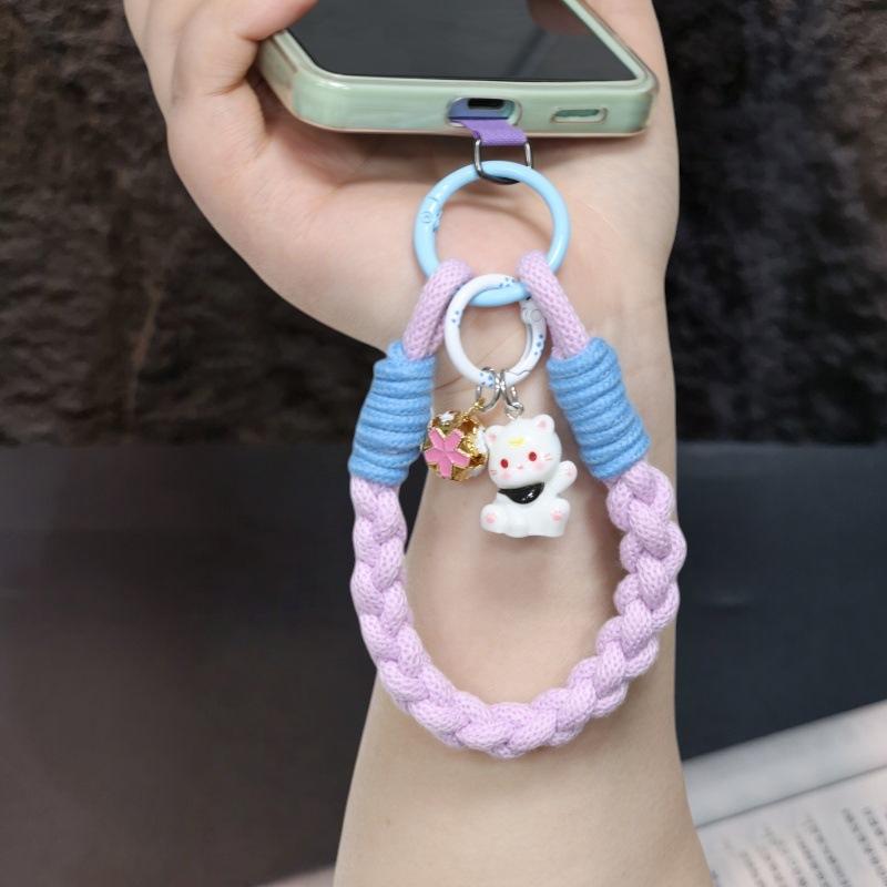 Women S Woven Phone Wrist Strap Cat Charm Anti Lost Lanyard