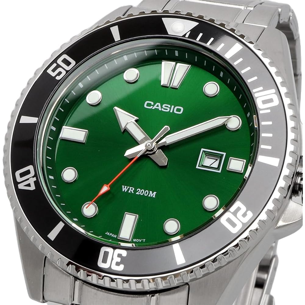 Casio Standard Analog Sports Watch 20 ATM Water Resistant Green Dial Metal Band Men's