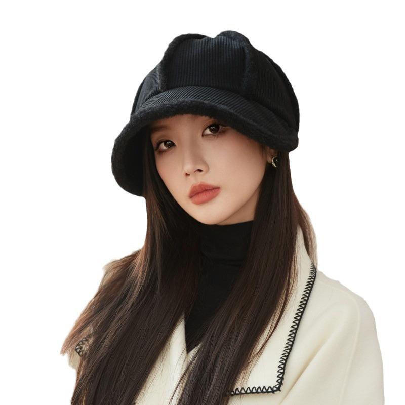 Winter Hat Women's Japanese Plush Big Head Circumference Octagonal Hat Plush Warm Face Small Cap Tide