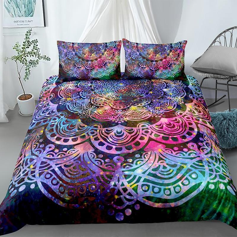 Mandala Duvet Cover Set King Tie Dye Paisley Quilt Cover Purple Boho Hippie Trippy Floral Exotic Style Bedding Set
