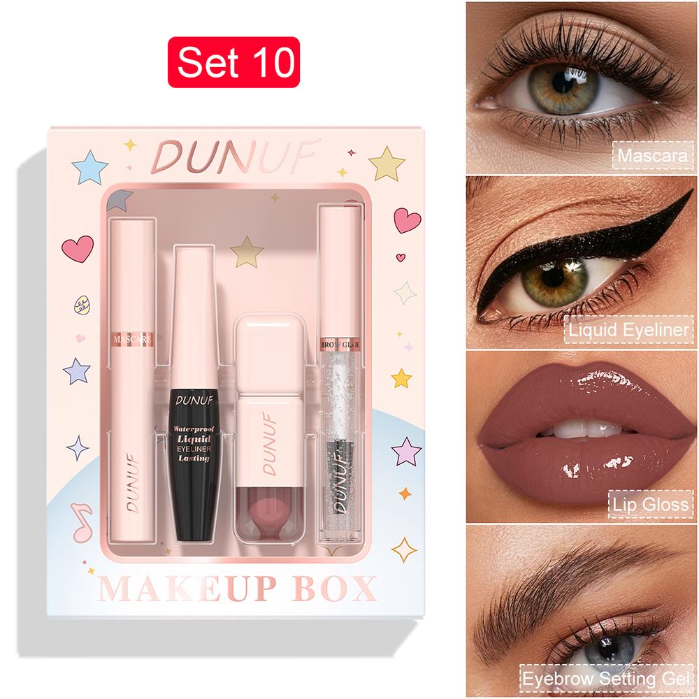 DUNUF 4-in-1 Professional Makeup Box - Mascara, Waterproof Eyeliner, Lip Gloss & Brow Gel, 12 Colors Available