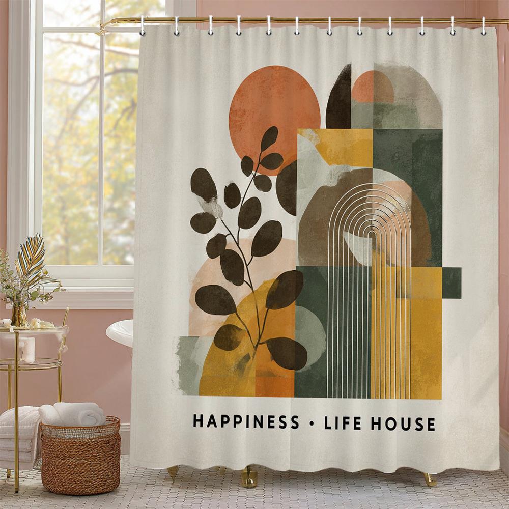

Mid Century Modern Bohemian Shower Curtain, Bohemian Arched Leaf Abstract Bathroom Decorative Shower Curtain, With Hooks W60H190(CM)-1 Pcs