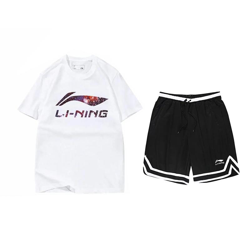 Li-Ning Starry Letter Logo Round Neck Short Sleeve Competition Striped Mid Waist Five Point Shorts Casual Sports Suit AHSS971-3+YAPV001-1