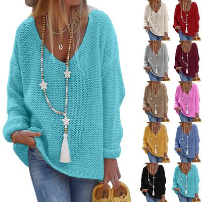 Autumn and Winter 10 Colors Women's Fashion Solid Color Long Sleeve Loose Collar Pullovers Knitted Sweaters Pullover