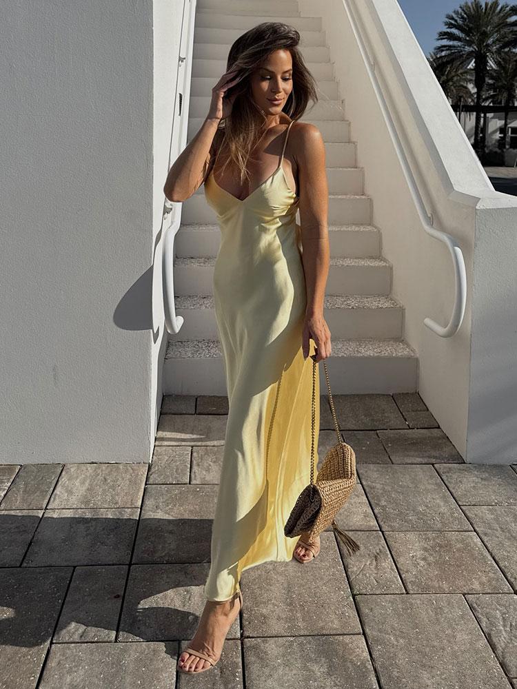 Abiti con spalline sottili da donna Eleganti Scollo a V Senza Maniche Schiena Scoperta Slim Lunghi Abiti Estate Donna Festa Abito da Vacanza 2026