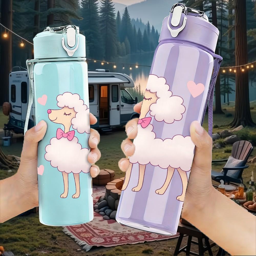 1PC Pink Heart Poodle Dog Portrait 750ml Color Plastic Sports Water Bottle Leakproof Flip Straw Lid Suitable for Sports Office Home Use