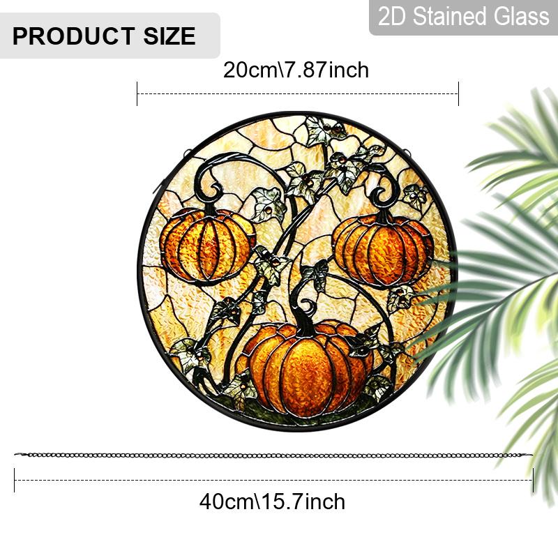 2D Vlak Glas-in-lood Herfst Pompoen Raamdecoratie, 6,3/7,87 Inch Kleurrijk Glasplaat met Ketting, Charmante Herfst Zonenvanger Huisdecoratie, Uniek