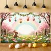 Easter Egg Background Grassland Scene Rainbow Banner Easter Banner Wooden Fence Detail Rabbit Display For Indoor Party Easter