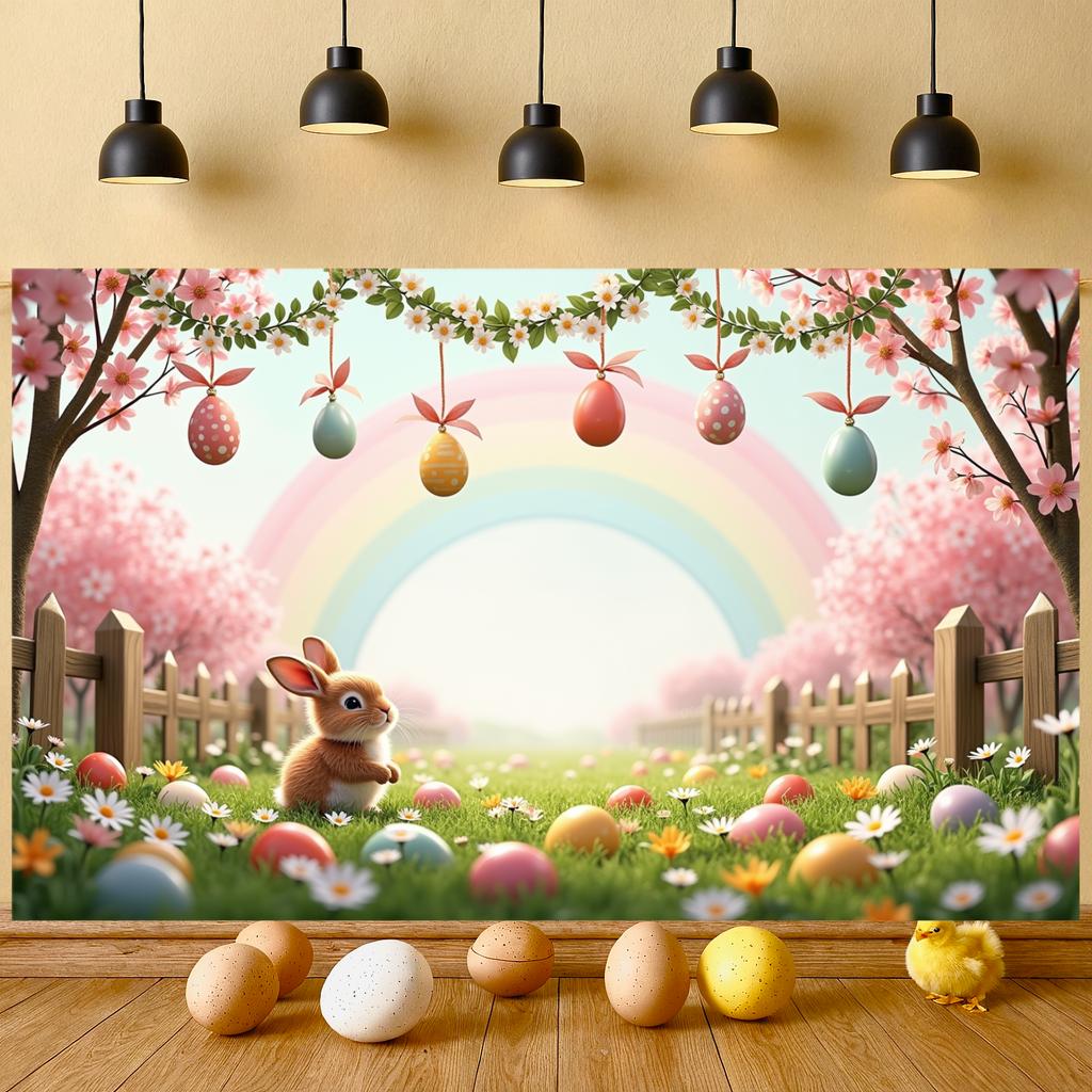 Easter Egg Background Grassland Scene Rainbow Banner Easter Banner Wooden Fence Detail Rabbit Display For Indoor Party Easter