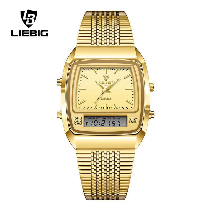 Leibingji Men's Multifunction Quartz Waterproof Sports Watch with Steel Band and Dual Display.