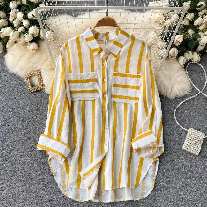

Women Striped Button Down Shirt Double Pockets Loose Casual Blouse S жовтий