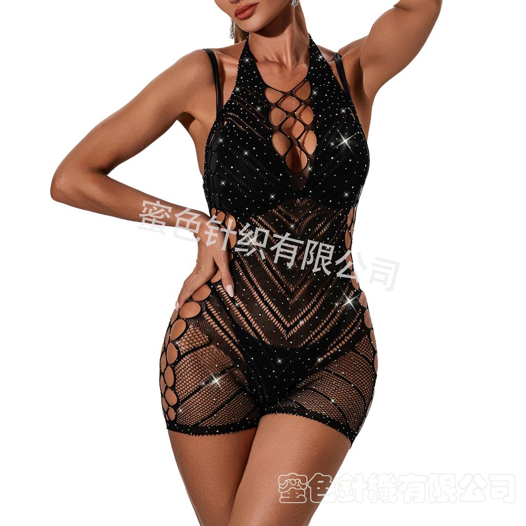 European and American sexy net tops, neck-hanging romantic underwear, alluring backless rhinestone jumpsuits
