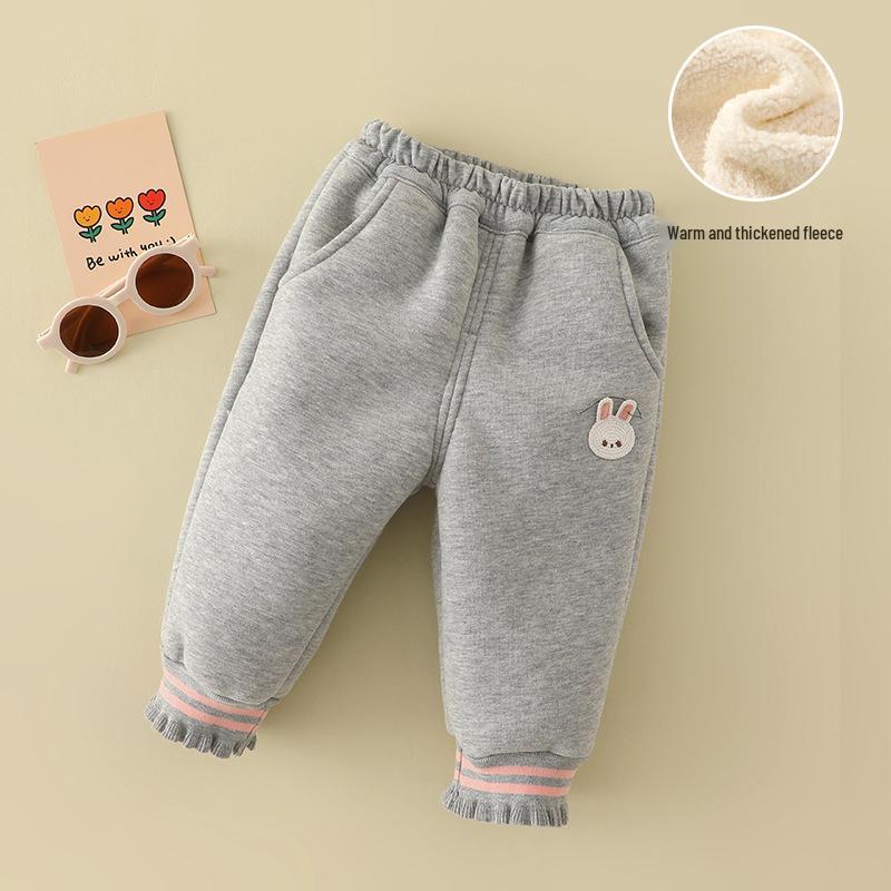 2025 Winter Fleece-Lined Cuffed Sweatpants for Baby Girls, 0-3 Years, Open-Crotch Casual Cotton Pants