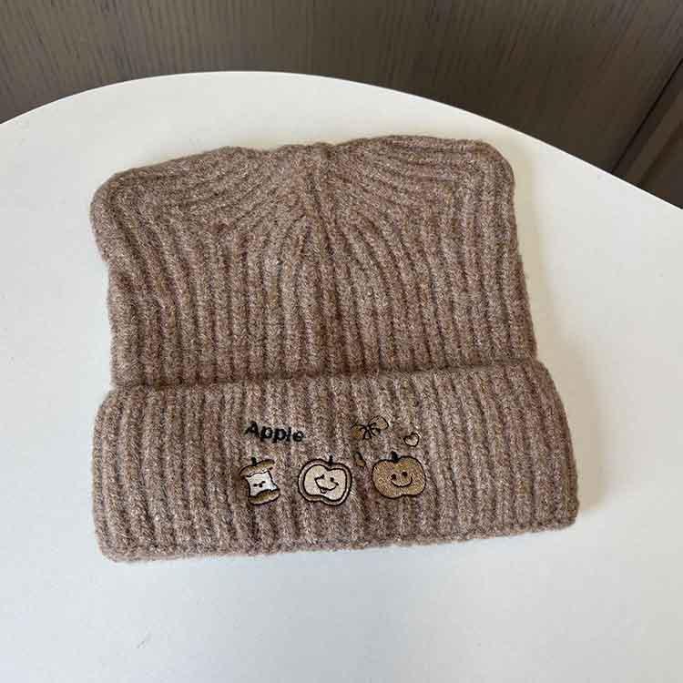 Autumn and winter cute embroidered apple knitted hat student thickened warm ear protection pullover hat women's versatile wool hat
