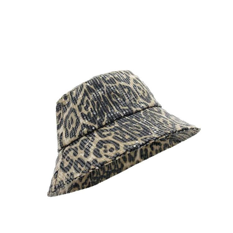 Retro Leopardenmuster Pailletten Bucket Hat Frühling und Herbst personalisierte Mütze Damen lässige vielseitige Fischerhut zeigt Gesicht kleine Bucket Hat