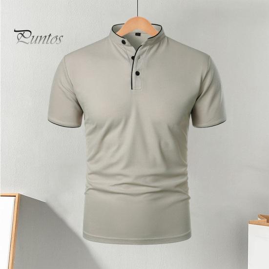 Koszulka męska z krótkim rękawem, kołnierzyk typu half-stand, jednolity kolor, swobodna, prosta, regularna, dopasowana, do uprawiania sportu, podróżowania, biura, codziennego noszenia