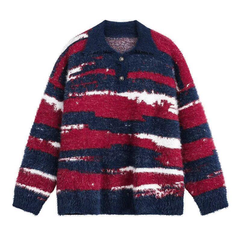 

Men s Retro Striped Loose Lapel Sweater: Trendy & Versatile Design Extra Large червоний