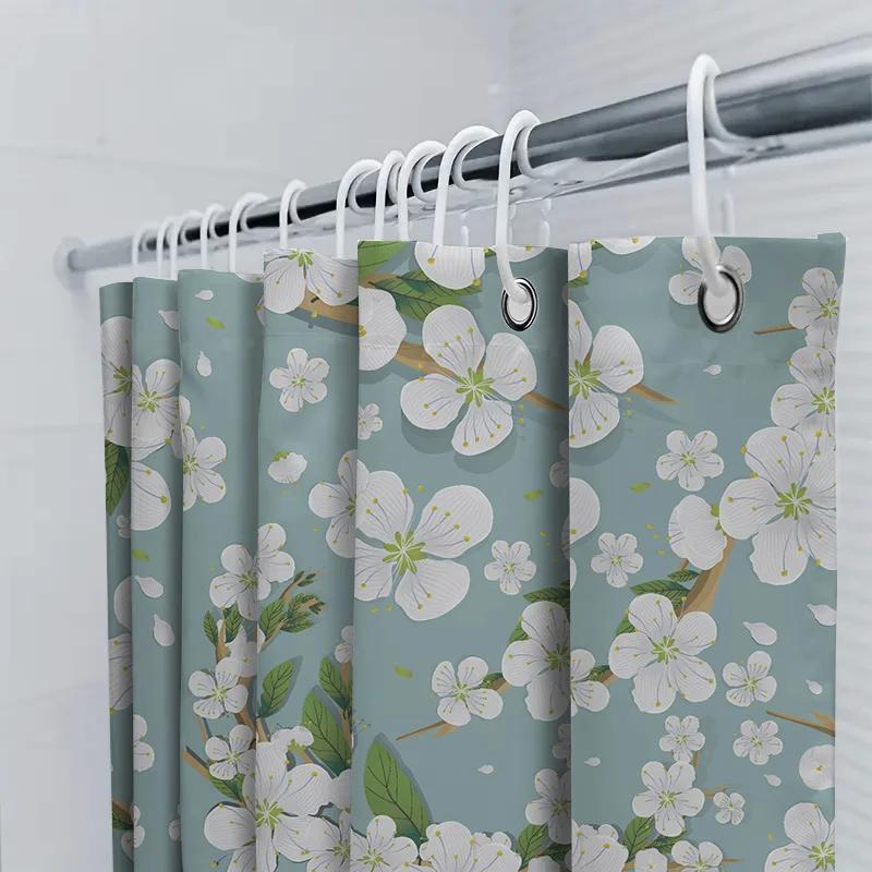Cherry Blossom Shower Curtain Waterproof Bathroom Decorative Printed Fabric Shower Closures For Bathtubs Light Blue Color Patter