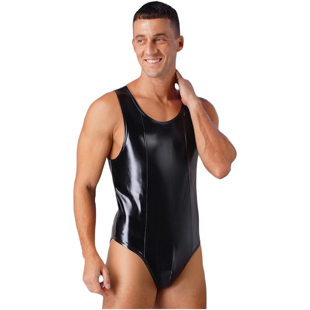 Mens Glossy Patchwork Sleeveless Bulge Pouch Back Zipper One Piece Bodysuit