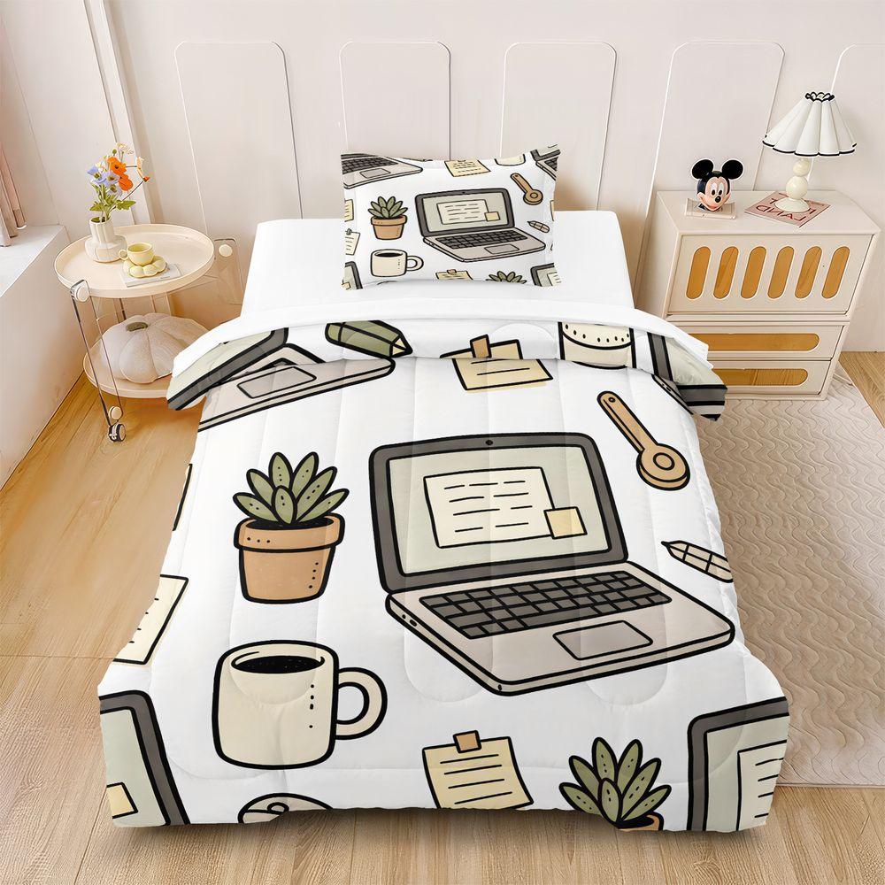 Office Plant Laptop Digital Print Comforter Set Quilt Bedding Set With Pillowcase Minimalist Worker Guest Bedroom Decor