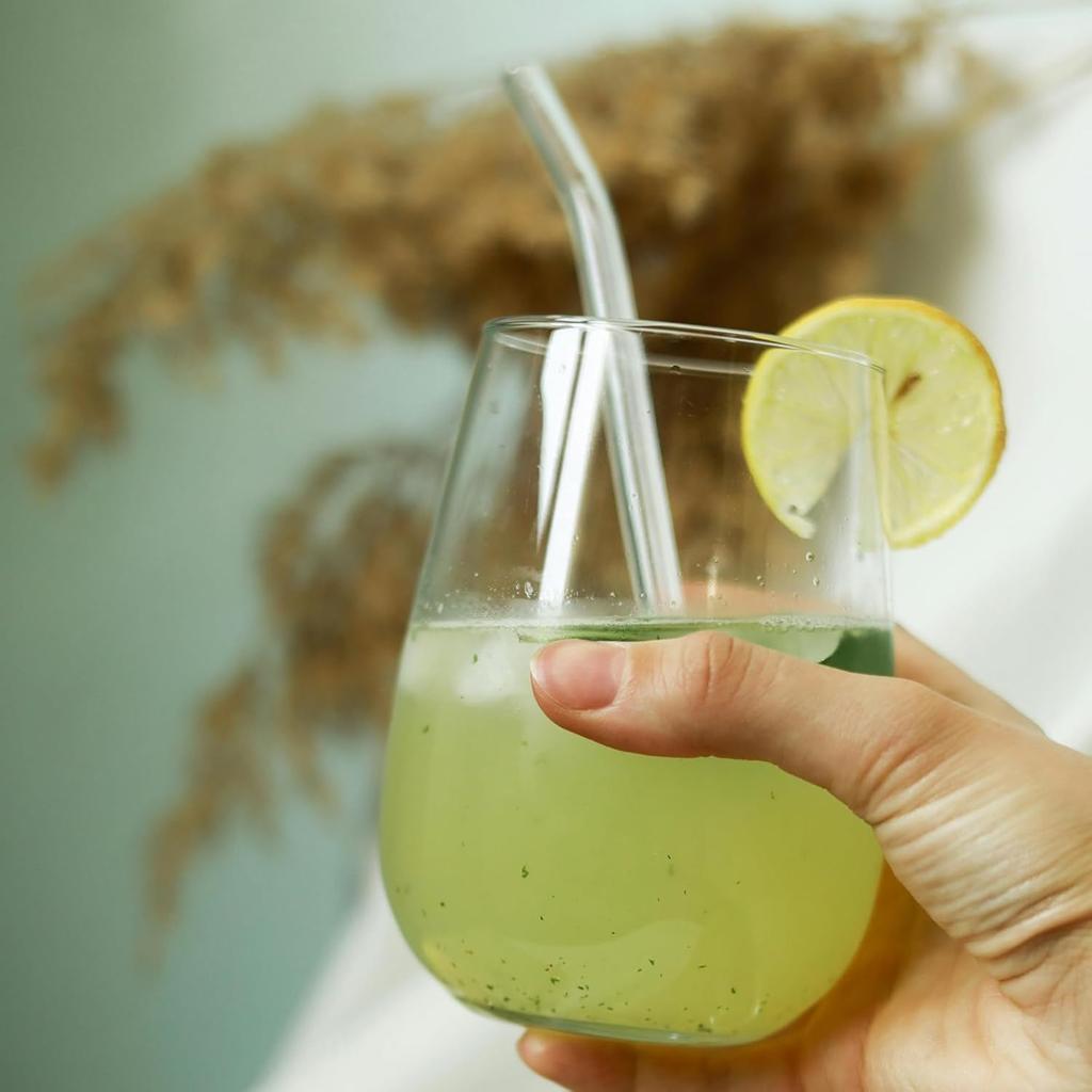 [10 Pcs] Reble Short Bent Glass Straws - 6" x 10 mm Clear Glass Straws Shatter Resistant Cocktail Straw With 2 Cleaning Brushes for