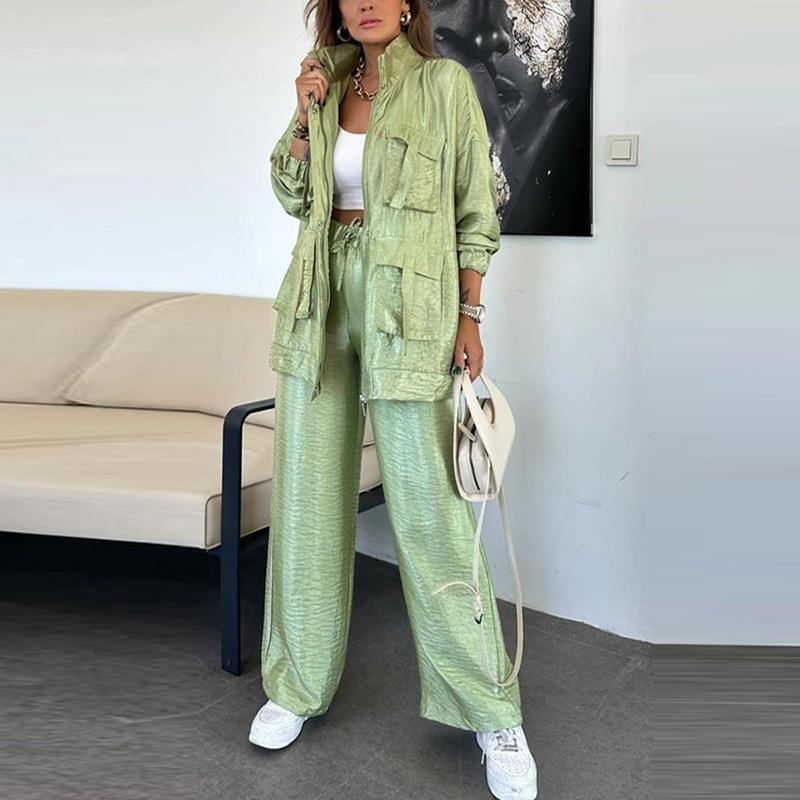 

Женские повседневные карманы свободные спортивные костюмы модные куртки со стойкой и костюмы из длинных брюк элегантные комплекты из 2 предметов с длинным рукавом однотонные XL зелёный