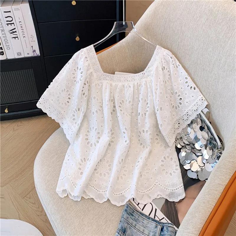 

Women s Summer Short-Sleeve Lace-Up French Square Neck Lace Blouse Loose Fit Plus Size Top 4XL білий