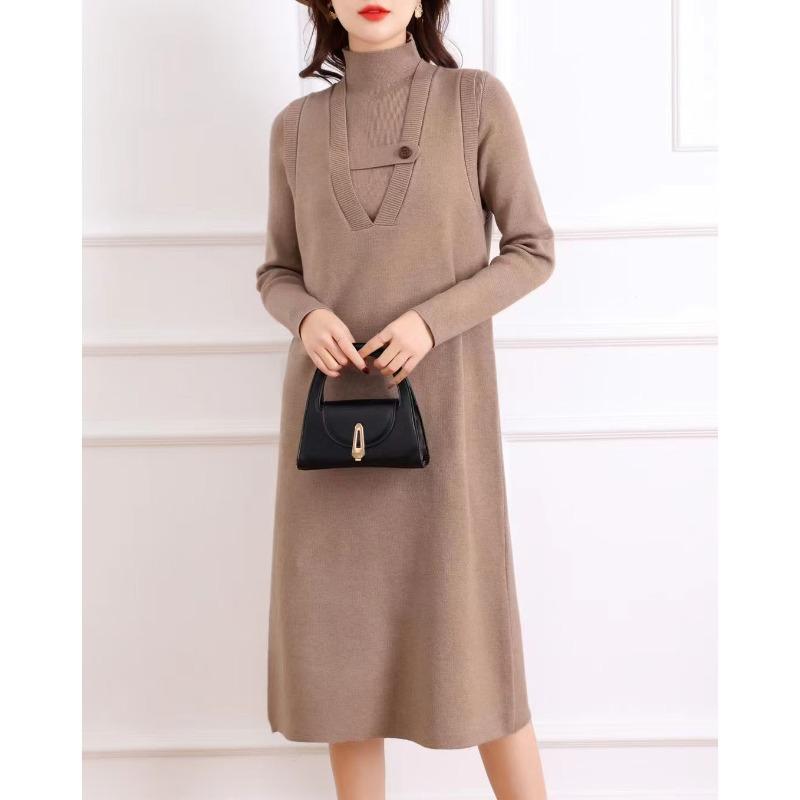 Solid color two-piece skirt autumn and winter temperament elegant semi-turtleneck sweater inner + fashion vest skirt knitted sweater set