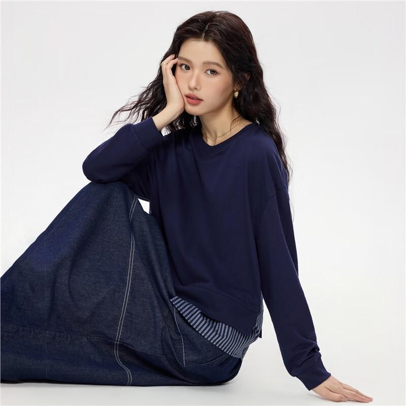 Giordano Women's Miu Series Striped Patchwork Cotton Sweatshirt