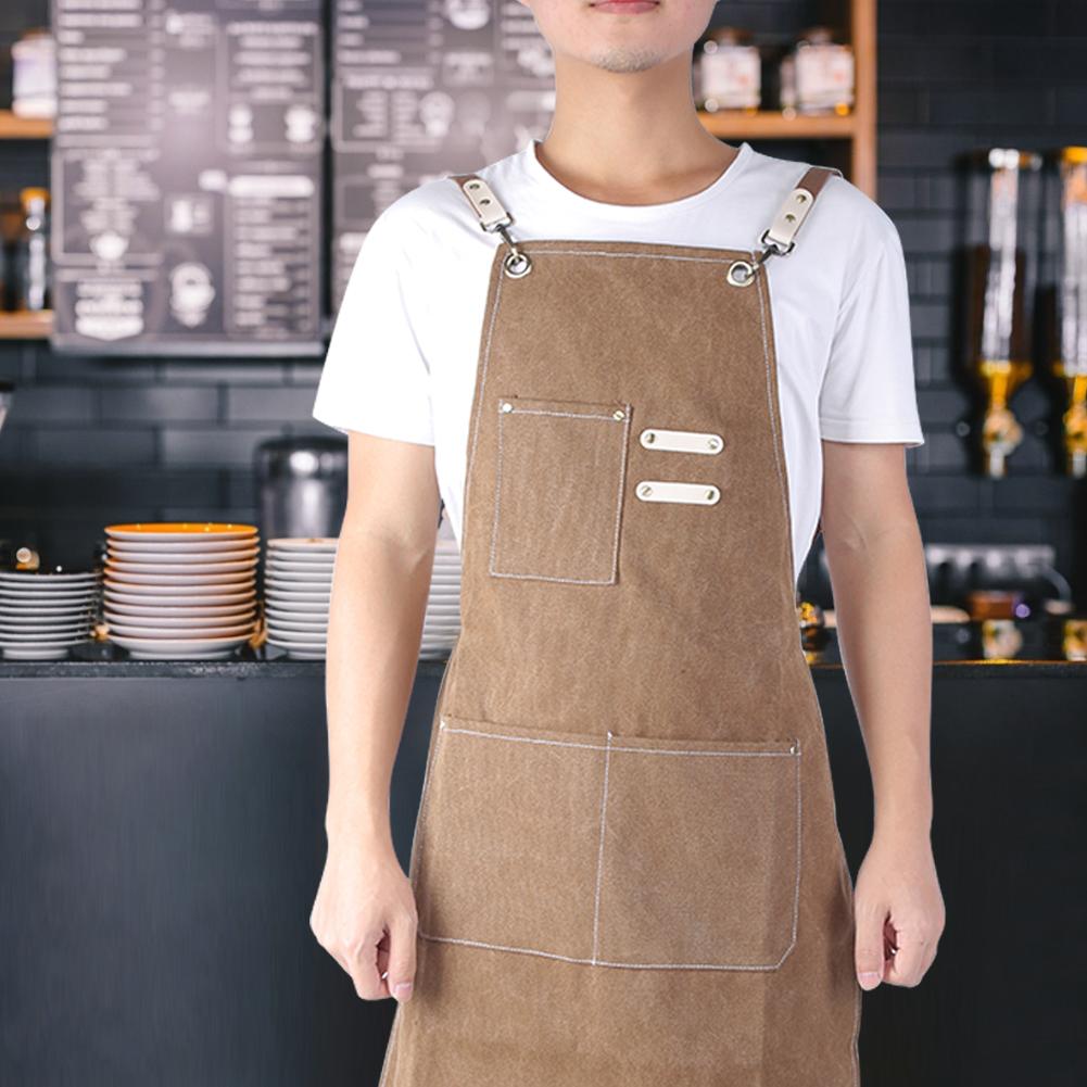 Waterproof Thick Canvas Apron Working Clothes for Kitchen Milk Tea Shop Restaurant Light Tan