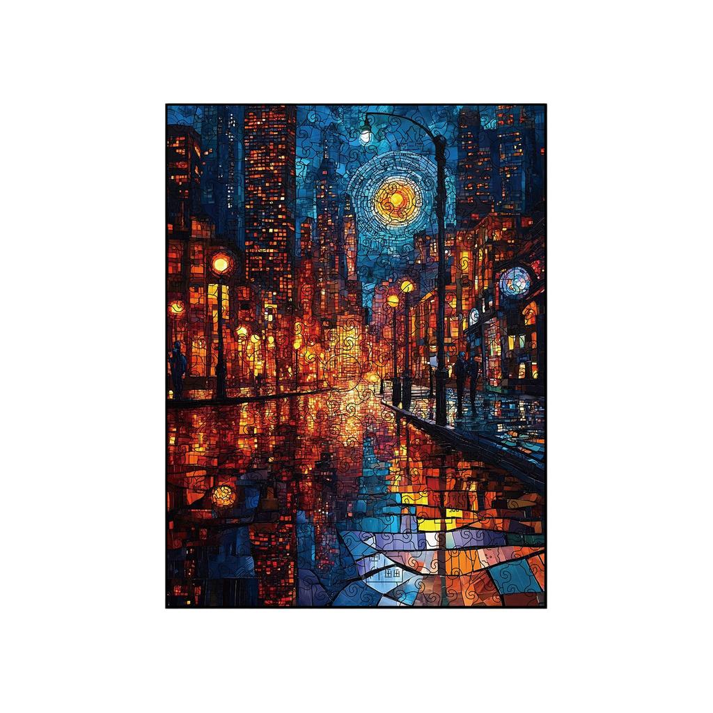 Wooden Jigsaw Puzzle City Night View Unique Animal Shaped Pieces 3 6MM Thick Artistic Urban Street Puzzle for Adults and Teens