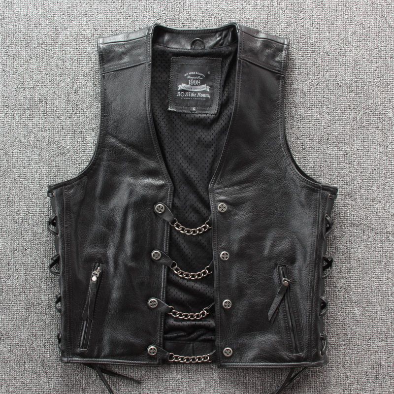 

Spring and Autumn New Genuine Leather Vest for Men with Chain Detail, First Layer Cowhide Harley Motorcycle Vest Jacket Black XL