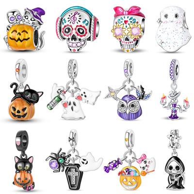 New Luminous Halloween Skull Witch Pumpkin Candy Charms Beads Fit 3Mm Original Bracelets Diy Party Jewelry