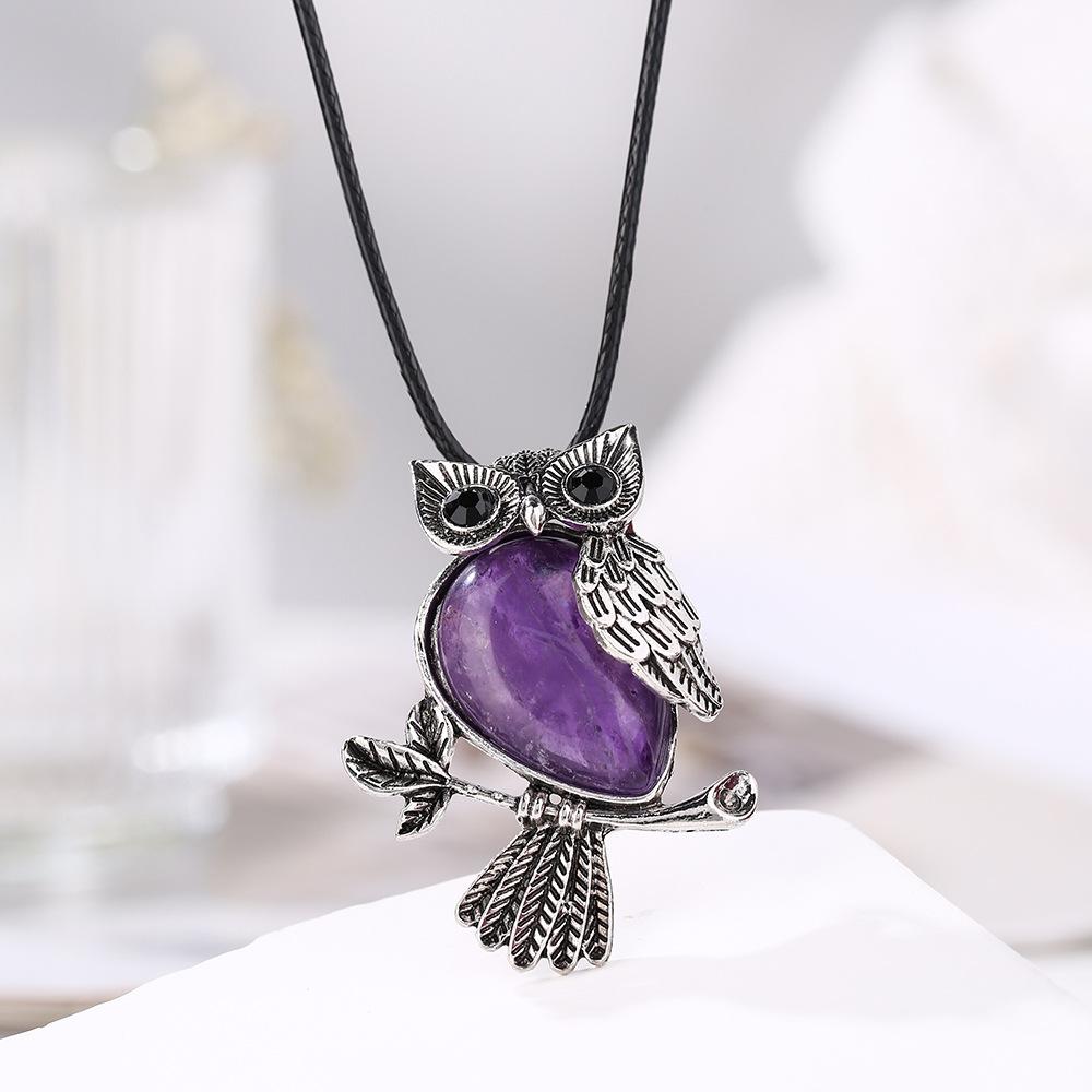 Ciondolo in cristallo naturale, collana gufo intarsiata con ametista, gioielli, Regalo di Natale, Regalo di San Valentino, Regalo per fidanzata, Regalo di compleanno