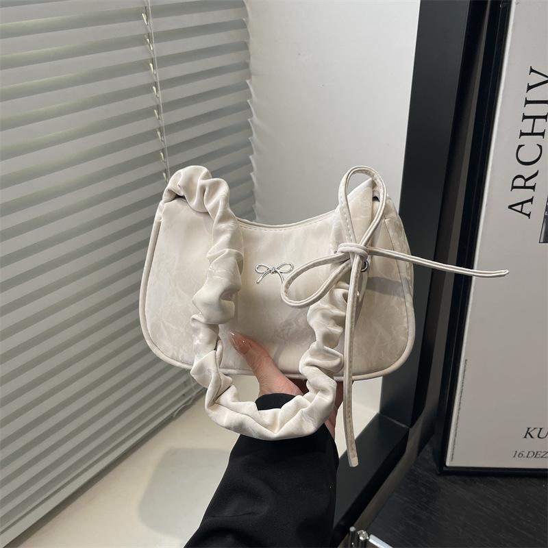 Lightweight Bow Square Shoulder Bags for Women Korean Style Ladies Underarm Bag Simple Female Pleated Drawstring Handbags Purse