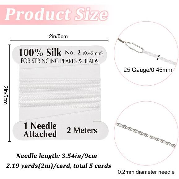 Beebeecraft 5Pcs 2.19 Yards Real Silk Cord White Basic Elements Natural Pure Silks Perlseide Stringing Beading Thread Cords for Knotting Pearls