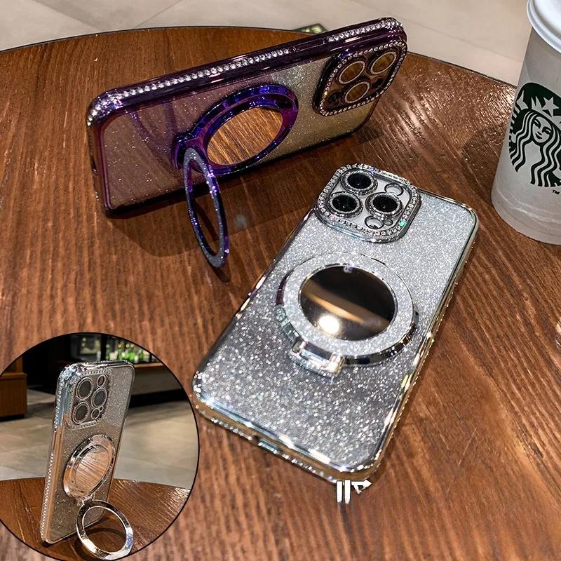 Luxury Diamond Clear Glitter Magnetic Case For iPhone17 16 15 13 11 Pro Max 14Plus Mirror Magnetic Phone Holder Stand Soft Cover