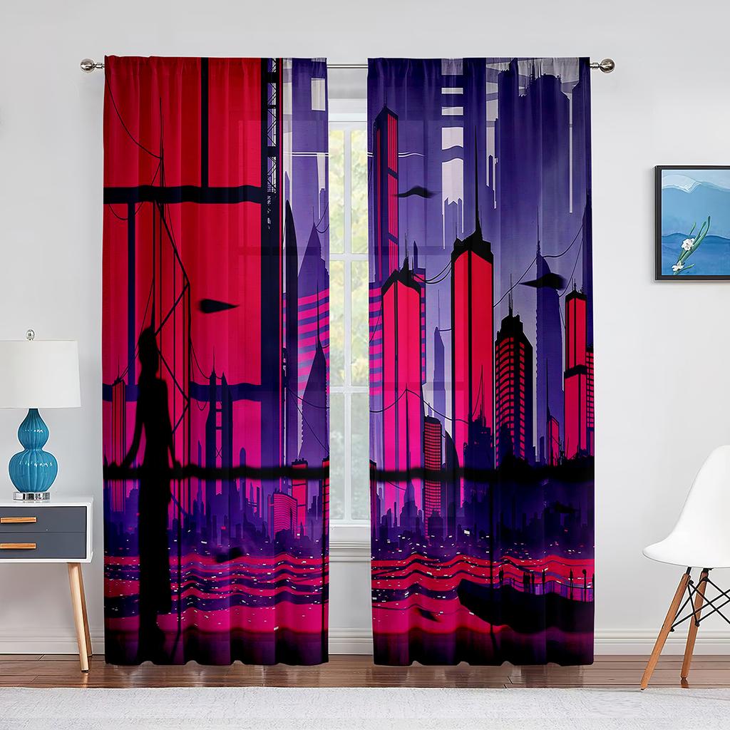 Punk Night City Landscape Purple Neon 2panels Curtain for Living Room Bedroom Drape Kitchen Window Curtains Home Essentials