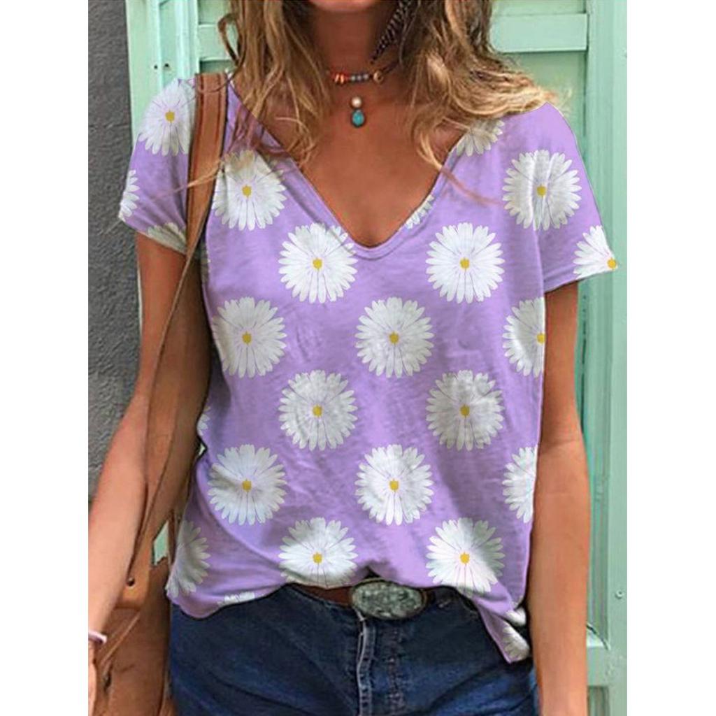 New 3D Printed Short Sleeved Women's Summer Casual Flower and Bird Print V-neck T-shirt