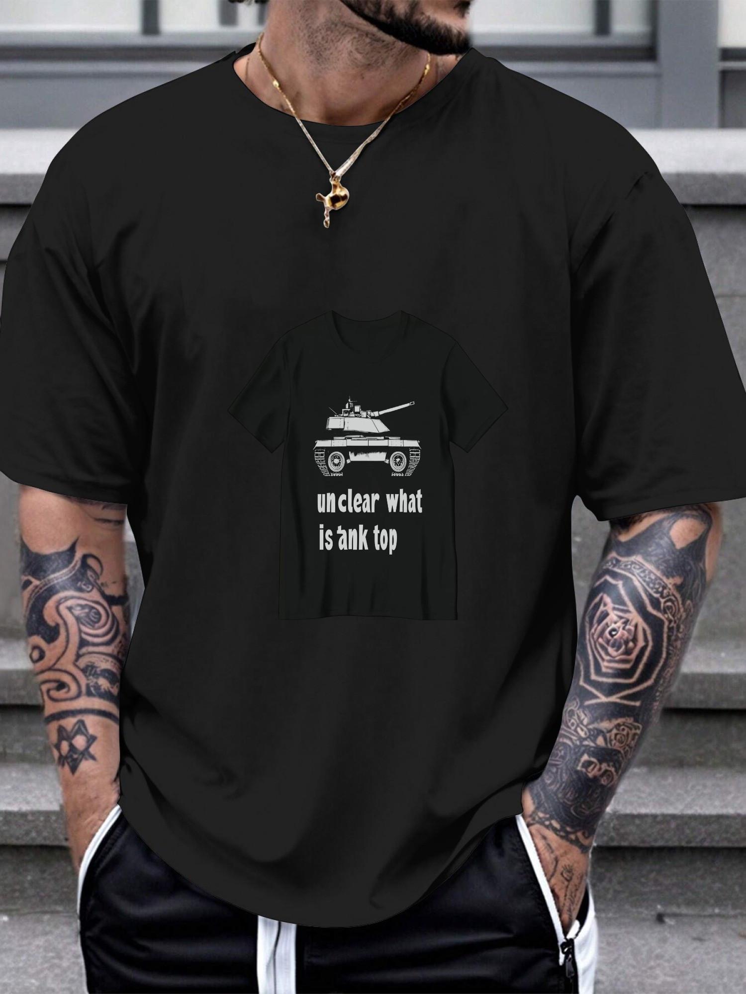 1pc Military Tank Graphic Black T-shirt - 180g Cotton Crew Neck Short Sleeve XXL