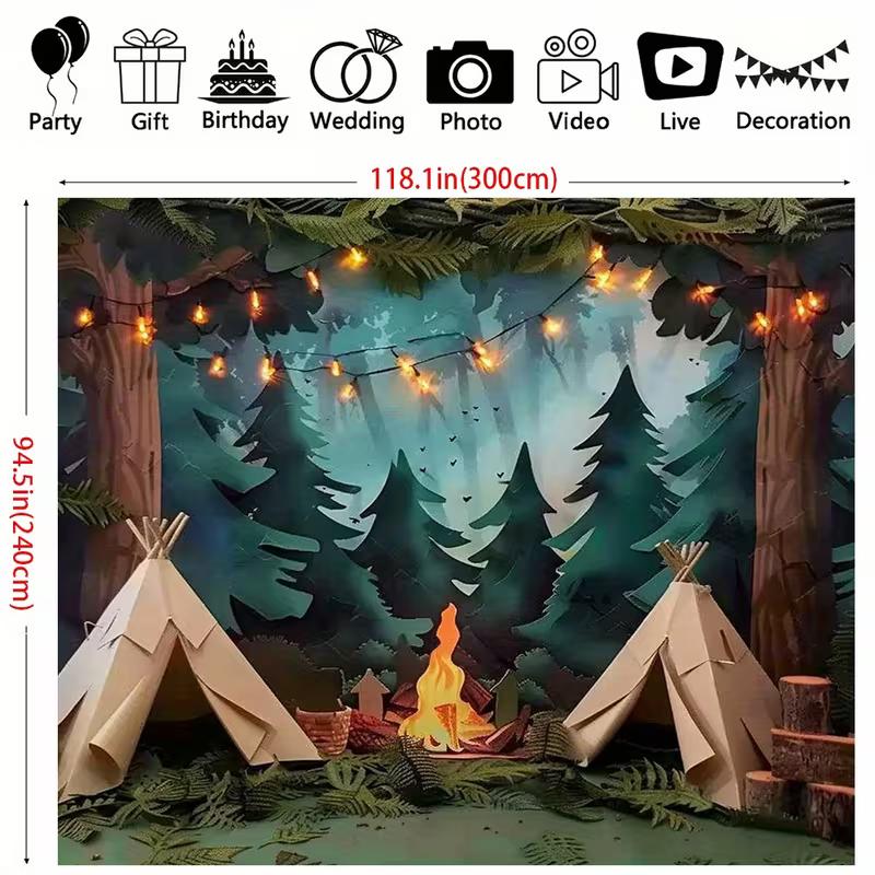 

Adventure Camp Forest Backdrop Tent Campfire Scene Background for Party & Live Decoration 47.2x31.5inch/120*80cm