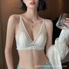 French ultra-thin triangle cup underwear sexy deep V pure lace bra thin breathable small chest no steel ring summer
