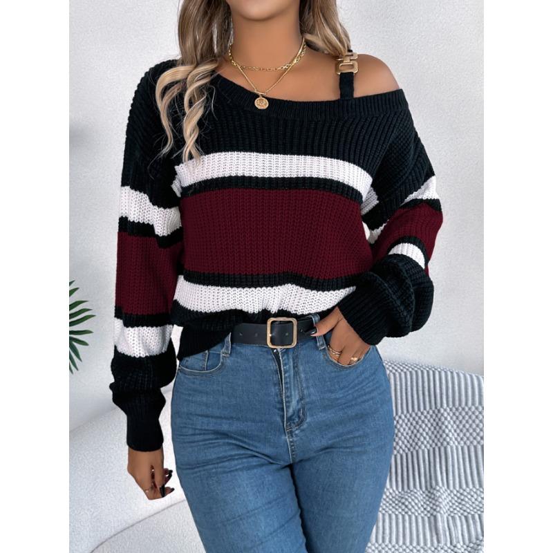 Casual Autumn Winter Color Block Striped Off Shoulder Lantern Sleeve Pullover Sweater For Women