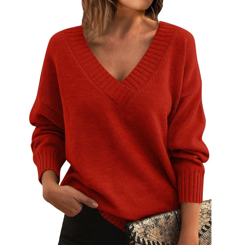Women's Fashion Casual Solid Color Sweater Set Head V Neck Warm Long-sleeved Sweater