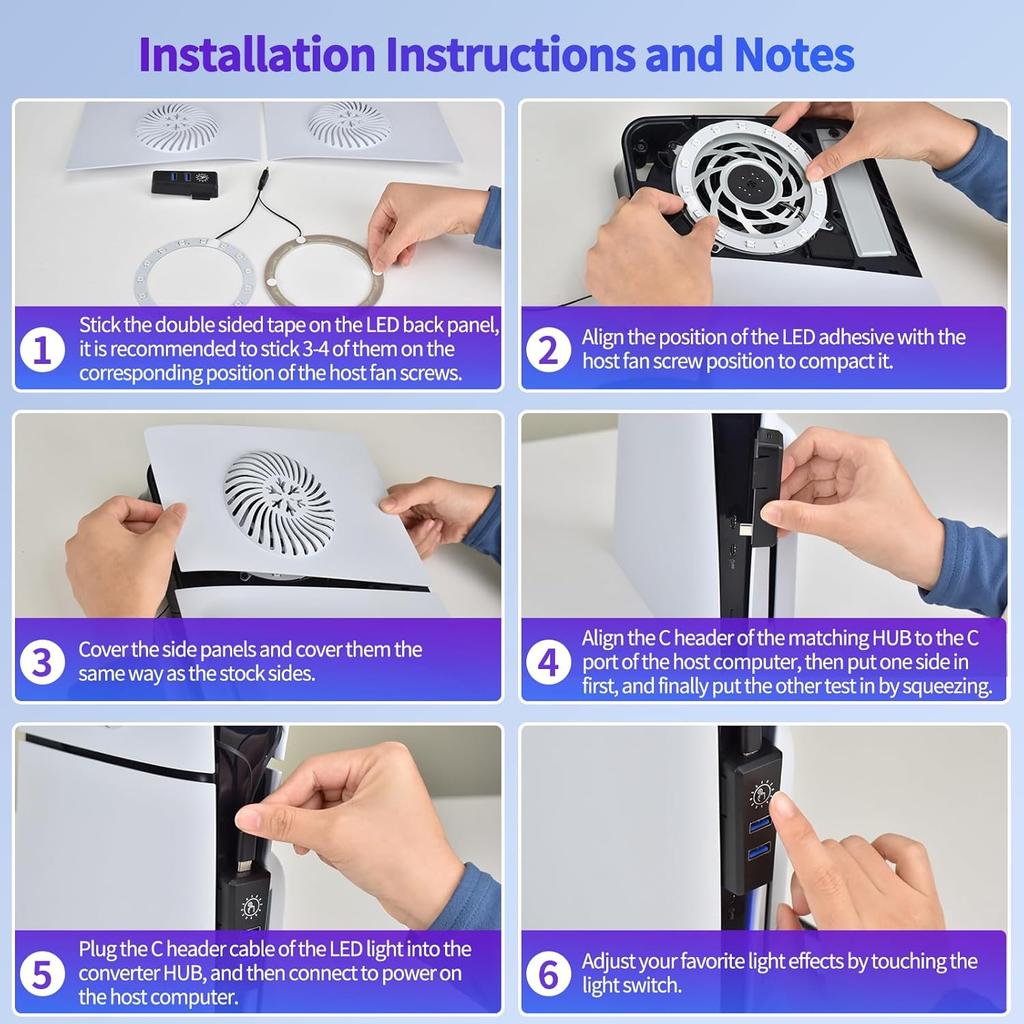 Faceplate for PS5 Slim Console with Cooling Vents & RGB Light Ring Strip & USB2.0 Hub, DIY Hard Shockproof Plates Cover & 15 LED Mode, Replacement