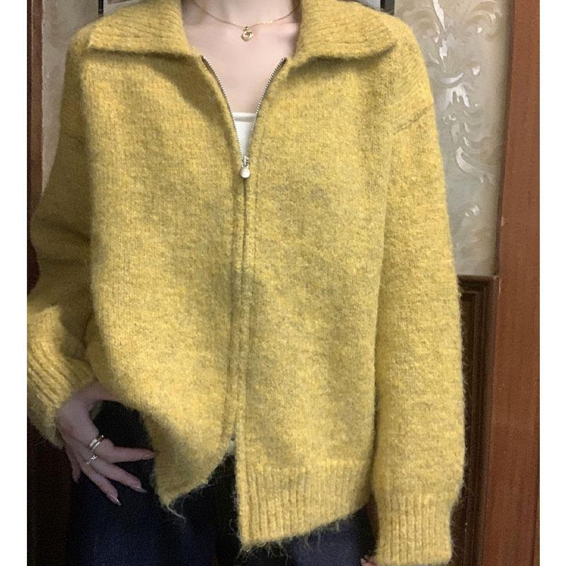 Loose lapel double zipper sweater jacket women's autumn and winter new lazy style thin knitted cardigan women