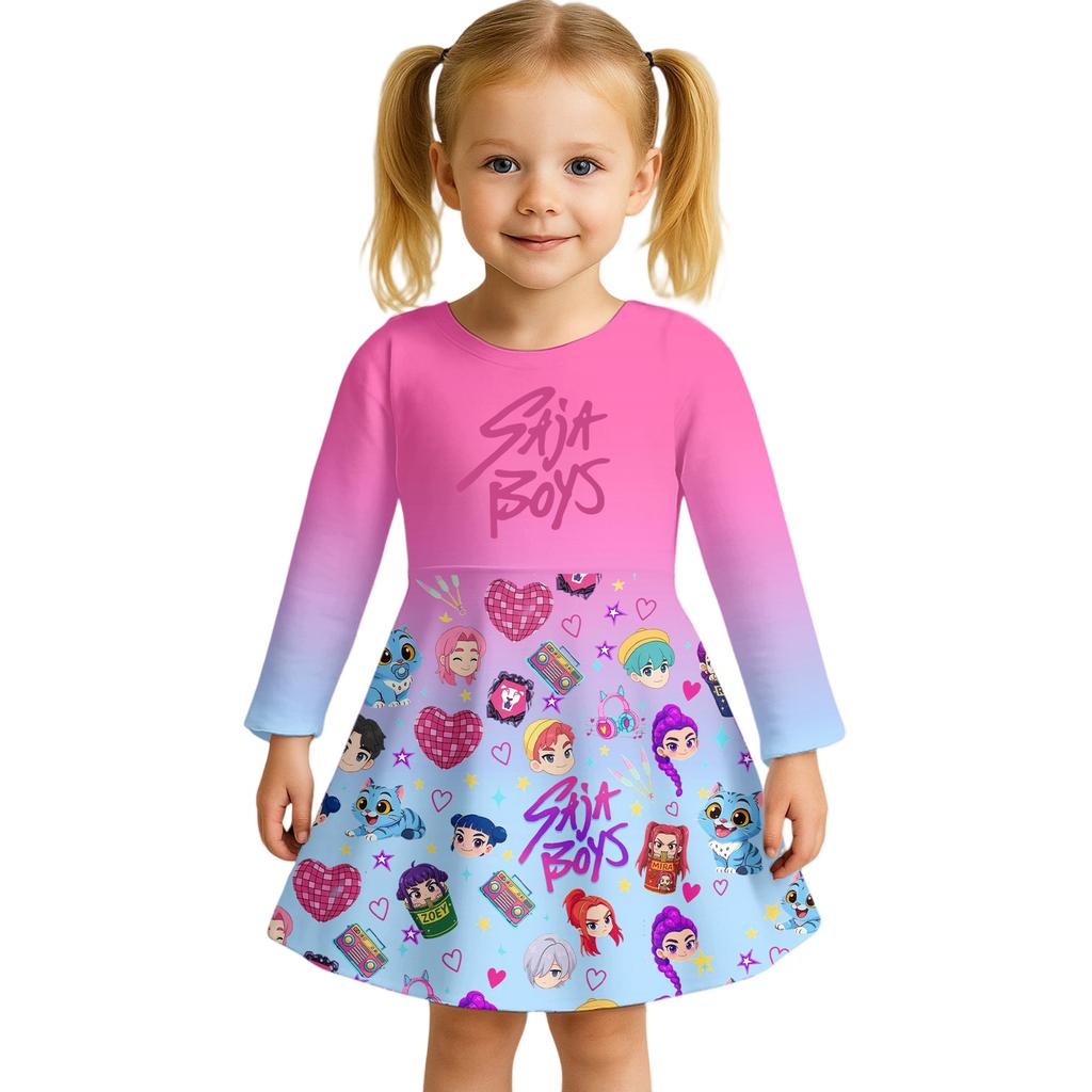 Kids Girls Casual Daily Dress Cute Cartoon Print Long Sleeves Dance Wear Princess Dress  2-12 Years