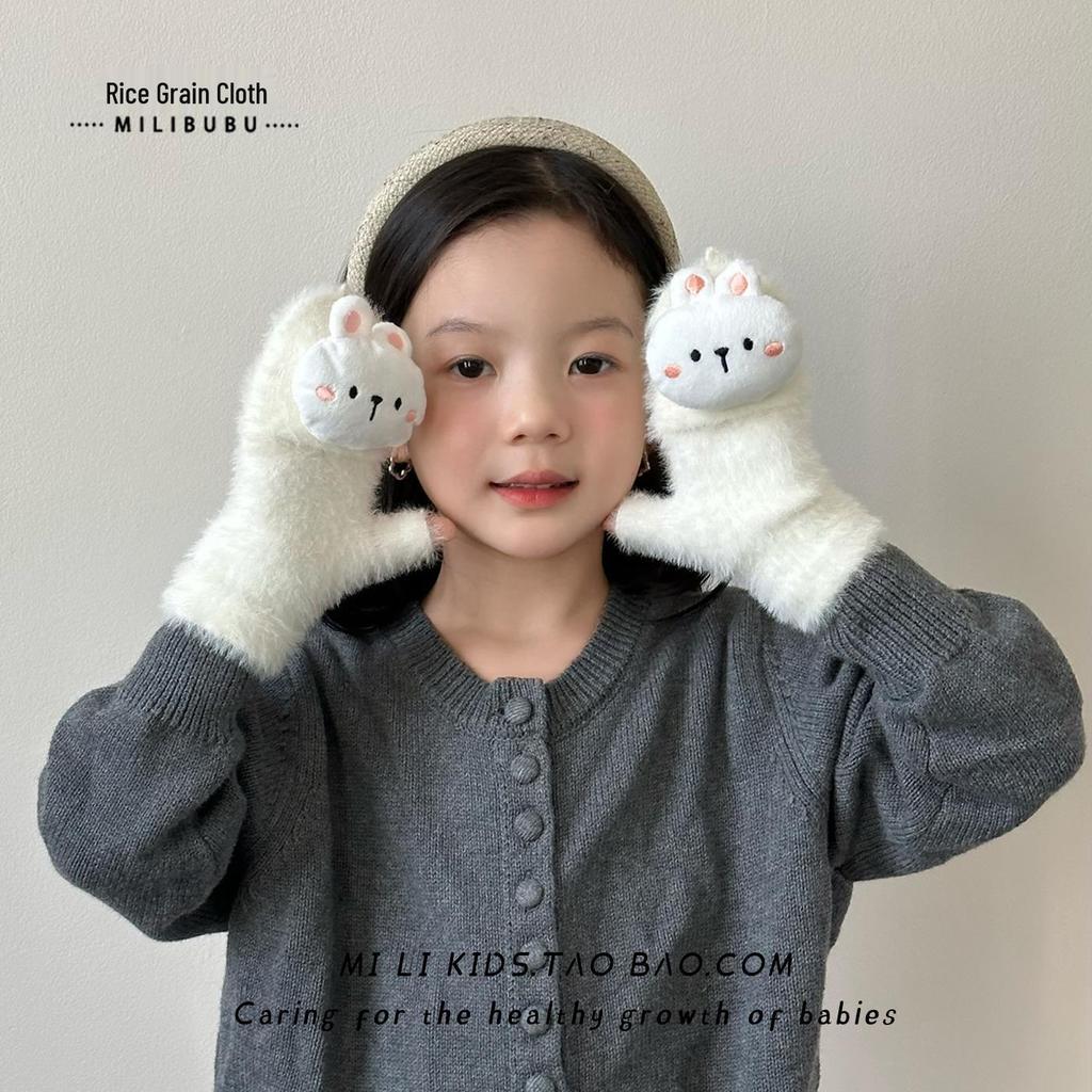Girls' Winter Plush Rabbit Gloves: Warm, Touchscreen-Compatible, Half-Finger Flip-Top with Fleece Lining