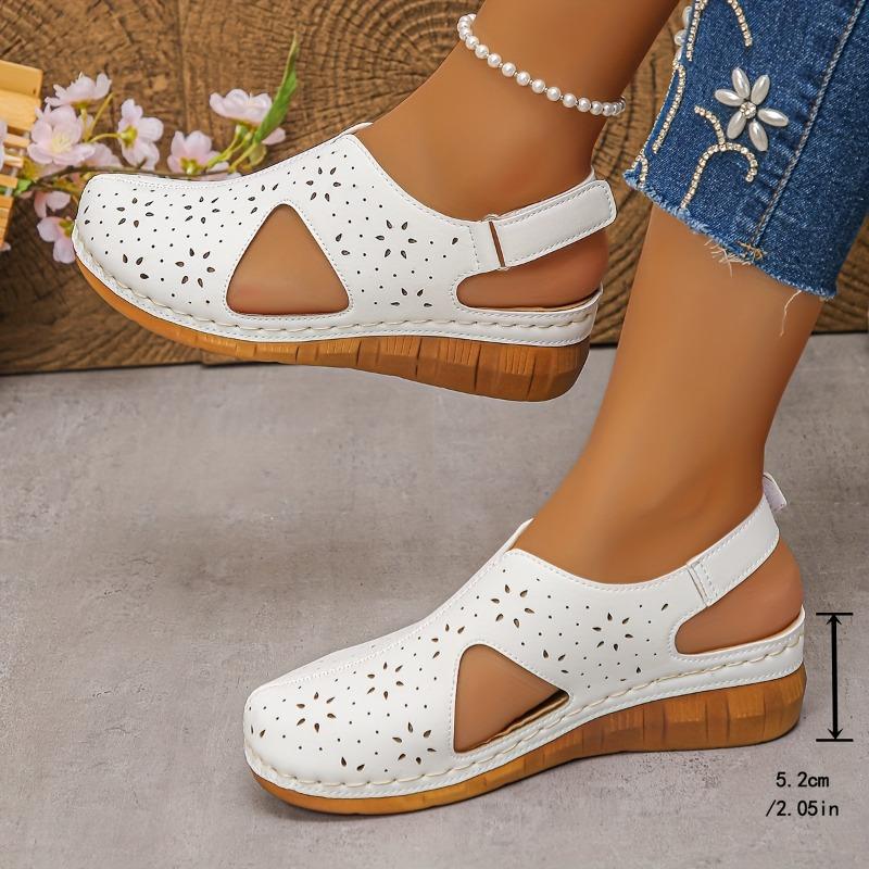 Women'S Stylish White Wedge Sandals with Cut-Out Design, Round Toe & Ankle Strap - Comfortable PU Cover Casual Shoes for Parties Wedge Sandals
