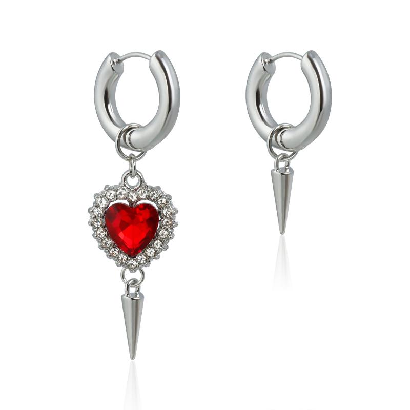 Punk Silver Color Asymmetry Flower Hoop Earrings For Women Fashion Red Zircon Heart Earrings Party Jewelry Accessories Gifts